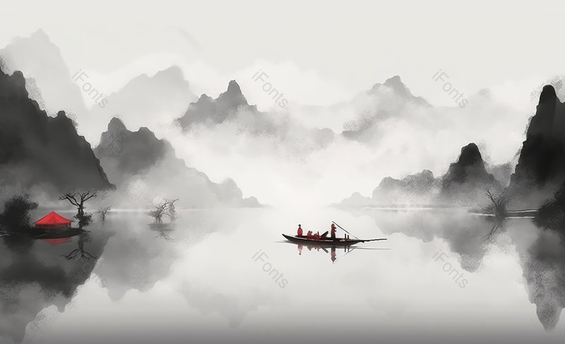 中国风国风新中式彩色水墨山水画红色的房屋建筑平静的湖面小船客船远处山峰云雾背景插画,插画/手绘图,插画/手绘图库,插画/手绘图下载,插画/手绘